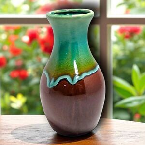 Vintage Teal & Brown Drip Glaze Pottery Bud Vase 6" MCM Retro Artisan Decor